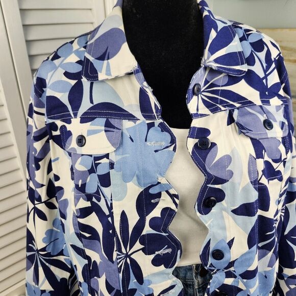 Southern Lady Jacket S Blue Floral Scalloped Button NWOT Cotton Blend Stretch - Picture 2 of 10